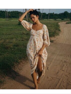 Billabong Swept Away Floral Boho Puff-sleeve Romantic Midi Dress Size Small